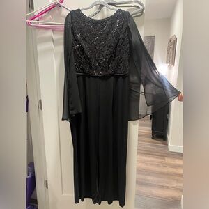 R&M Richards Black Beaded Jumpsuit with Attached Cape